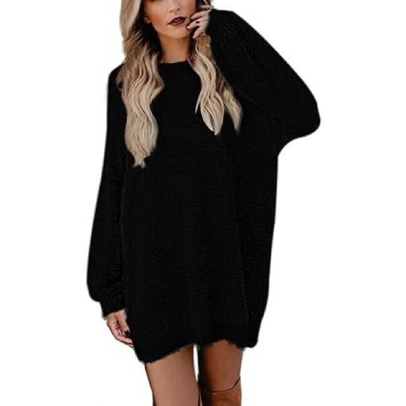Meenew Women's Furry Pullover Sweater Dress Loose Oversized Long Knitted - Picture 1 of 7
